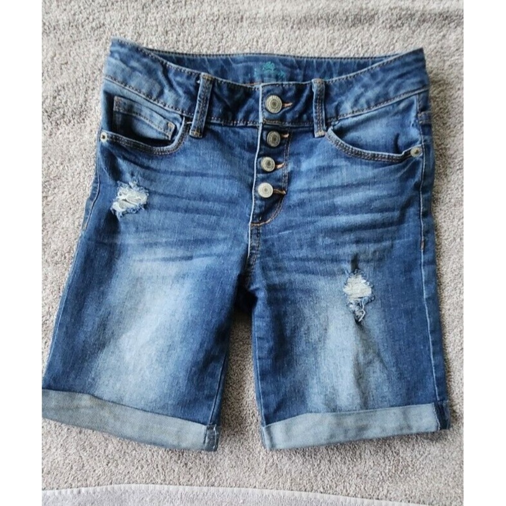 There Abouts Bermuda Jean Shorts Girls Size 7 Snap Distressed‎ Frayed Blue Demin